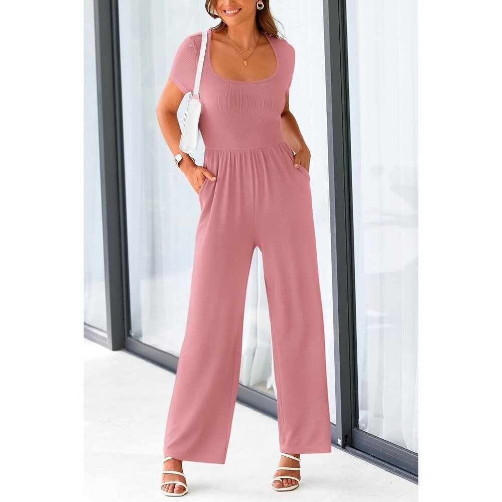 Women's Dusty Pink Summer Short Sleeve Square Neck Wide Leg Rompers Jumpsuits - Picture 6 of 8